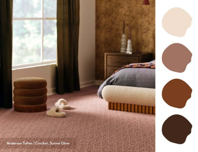 Cozy accent carpet shades — chocolate, coffee, and cinnamon-plum — infuse rooms with rich autumn charm.