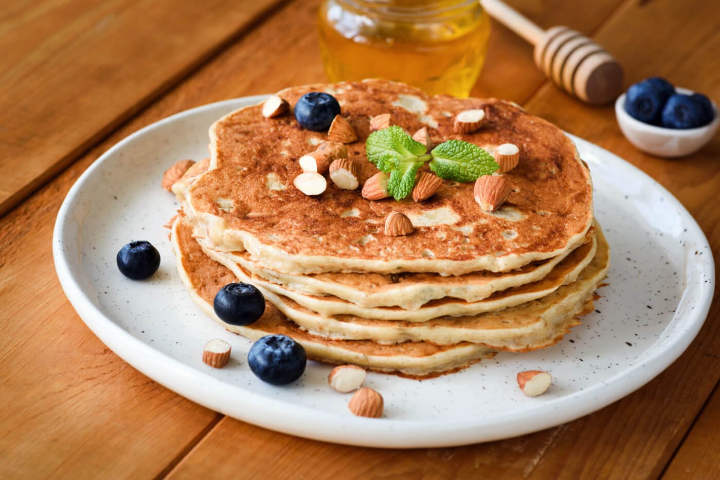 Blueberry Almond Pancakes with Vanilla Maple Syrup