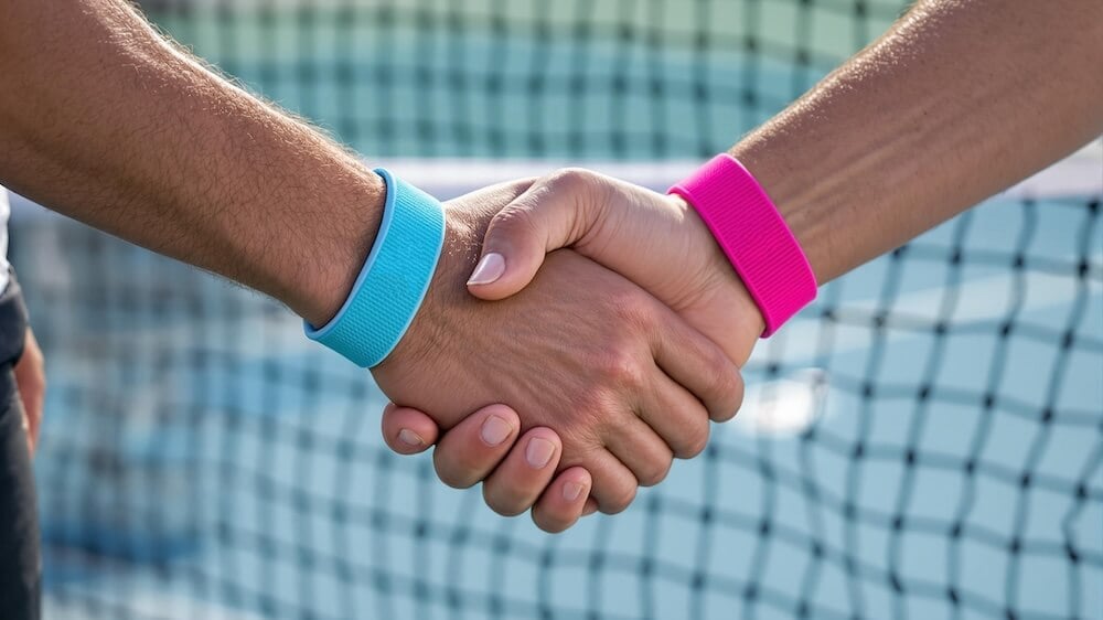 close up of a handshake on a pickleball court