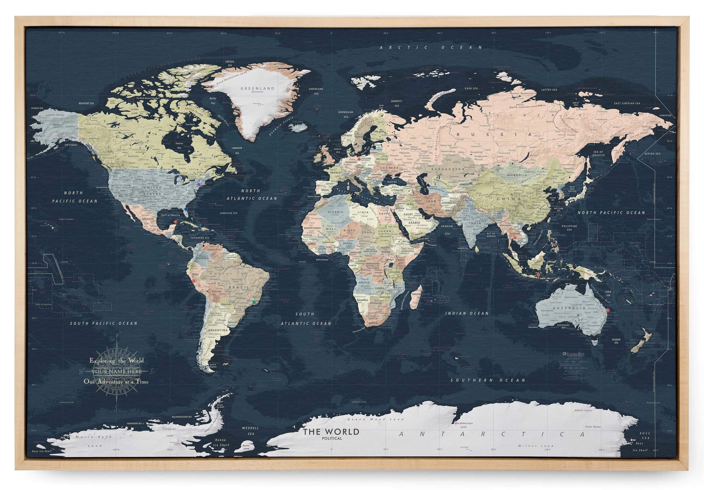 dark oceans wall map shown in frame