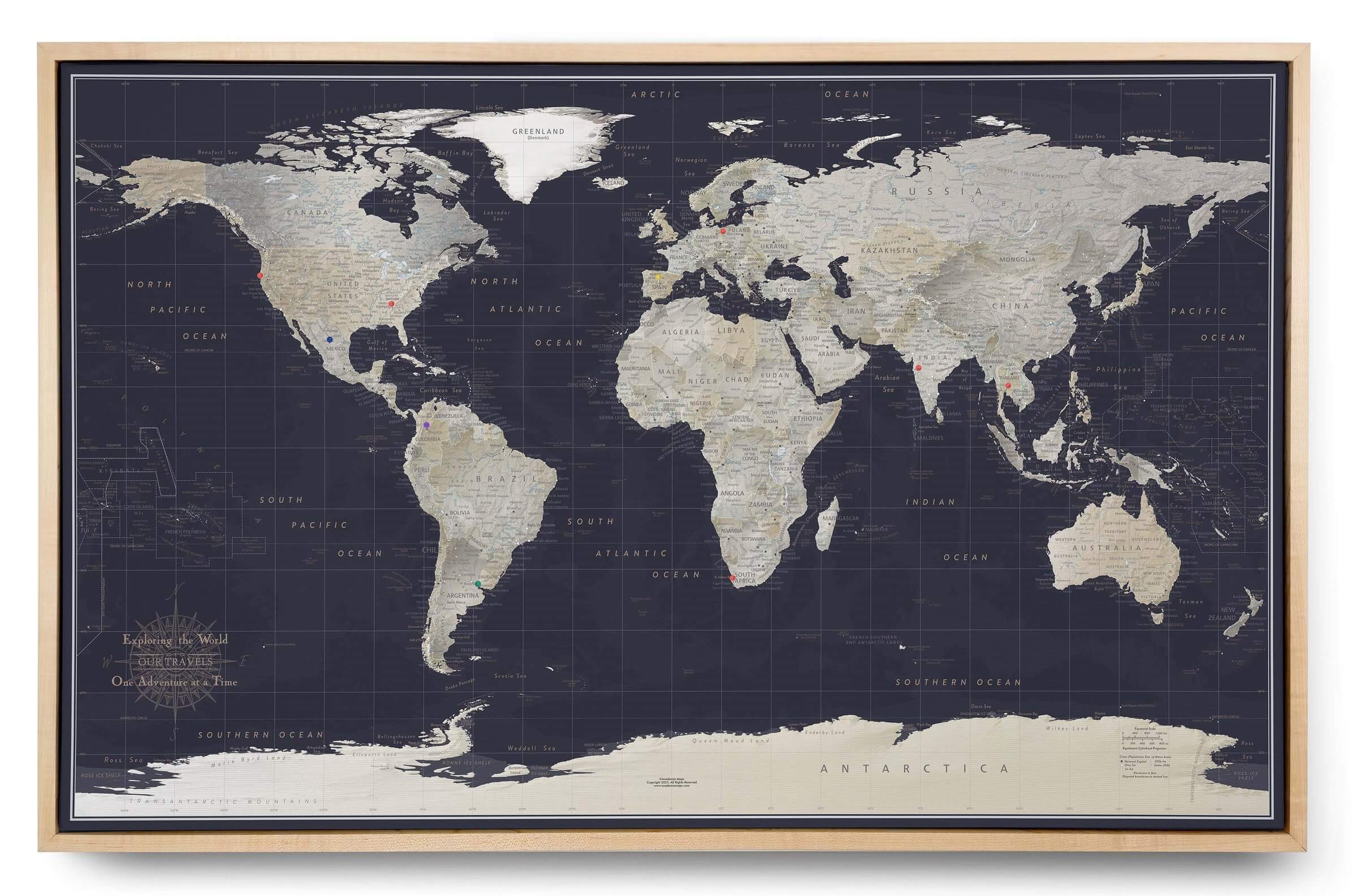 dark color push pin canvas world map in light color frame