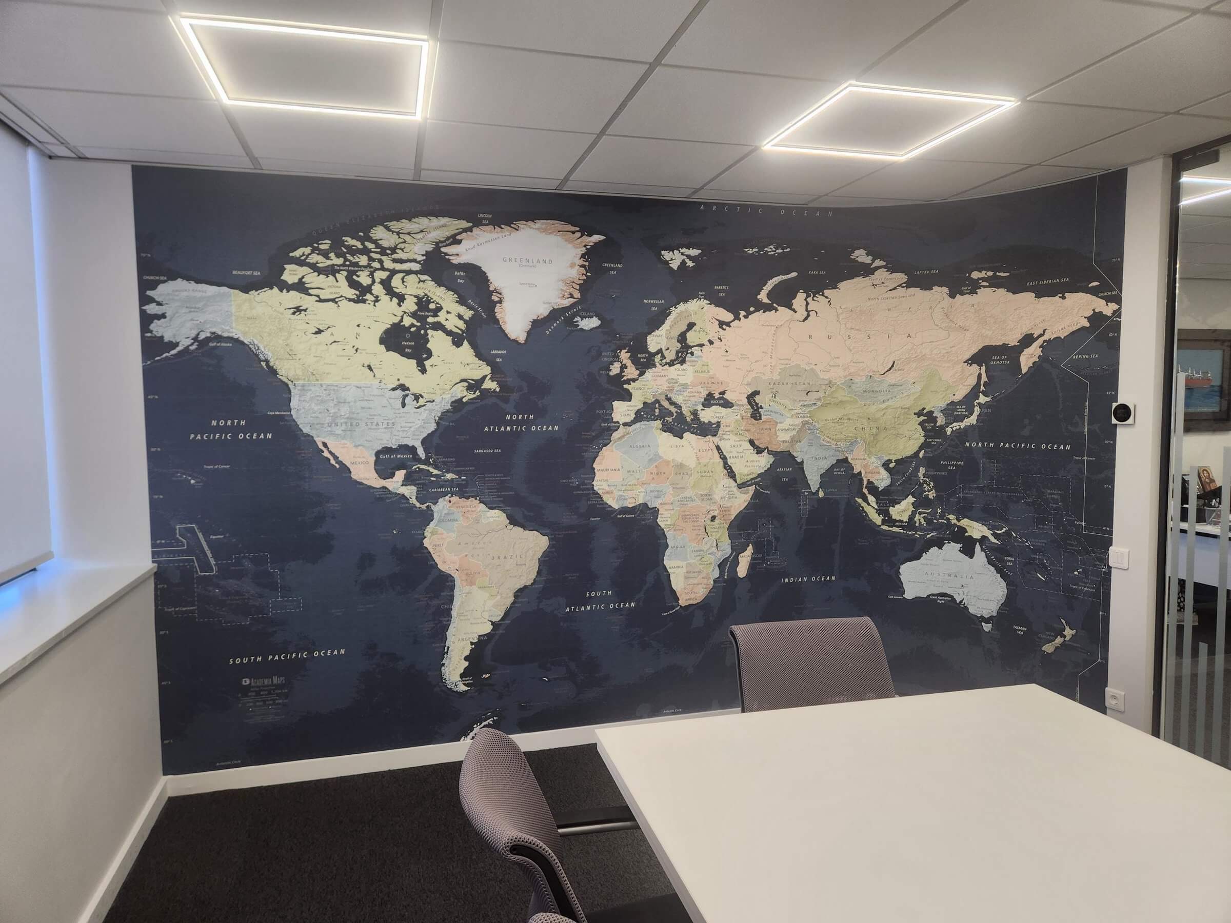 Office boardroom showcasing awesome global wall map decor