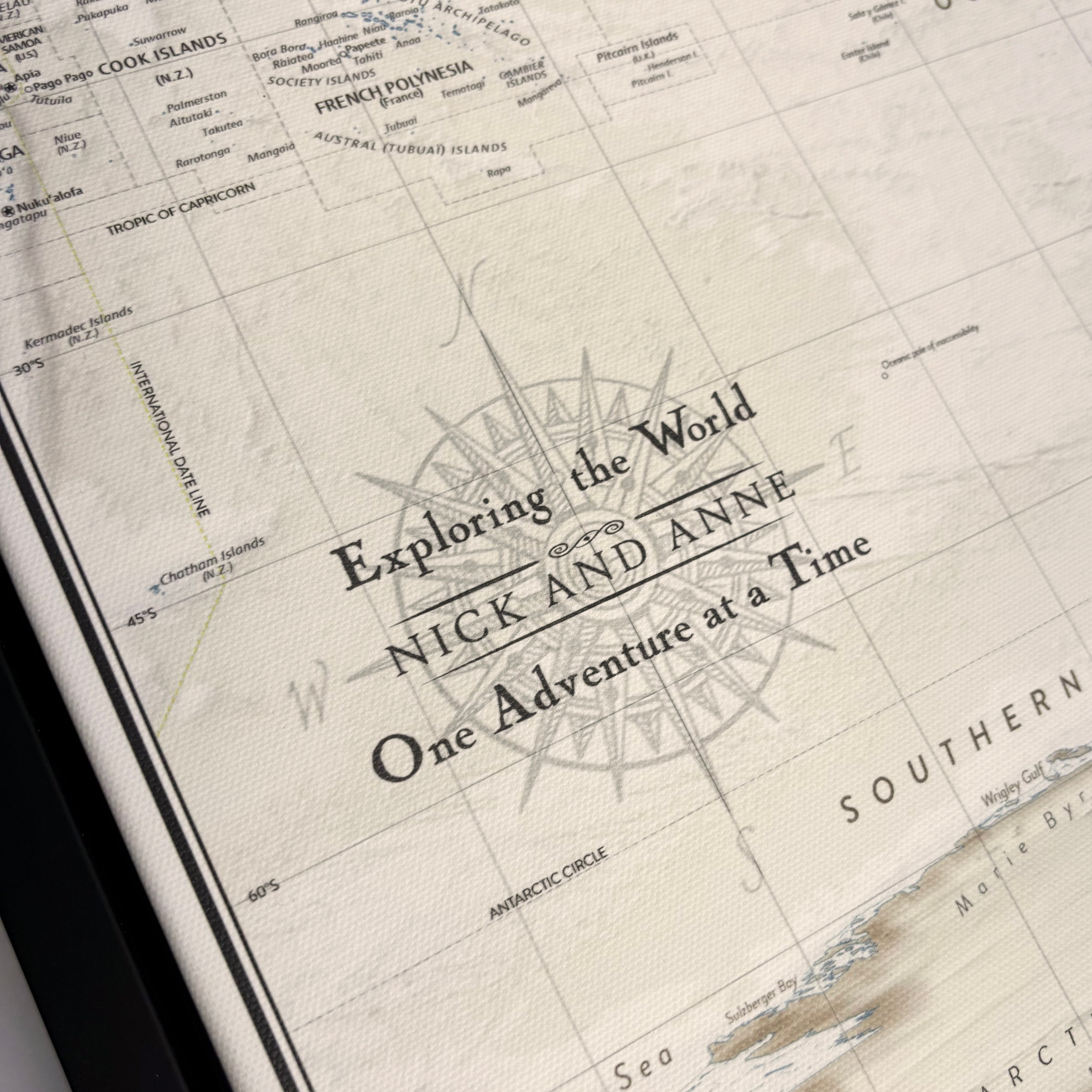 Push Pin World Map with Personalized Compass Rose