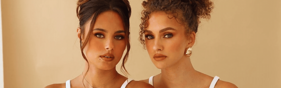 2 models wearing brown blended false lashes
