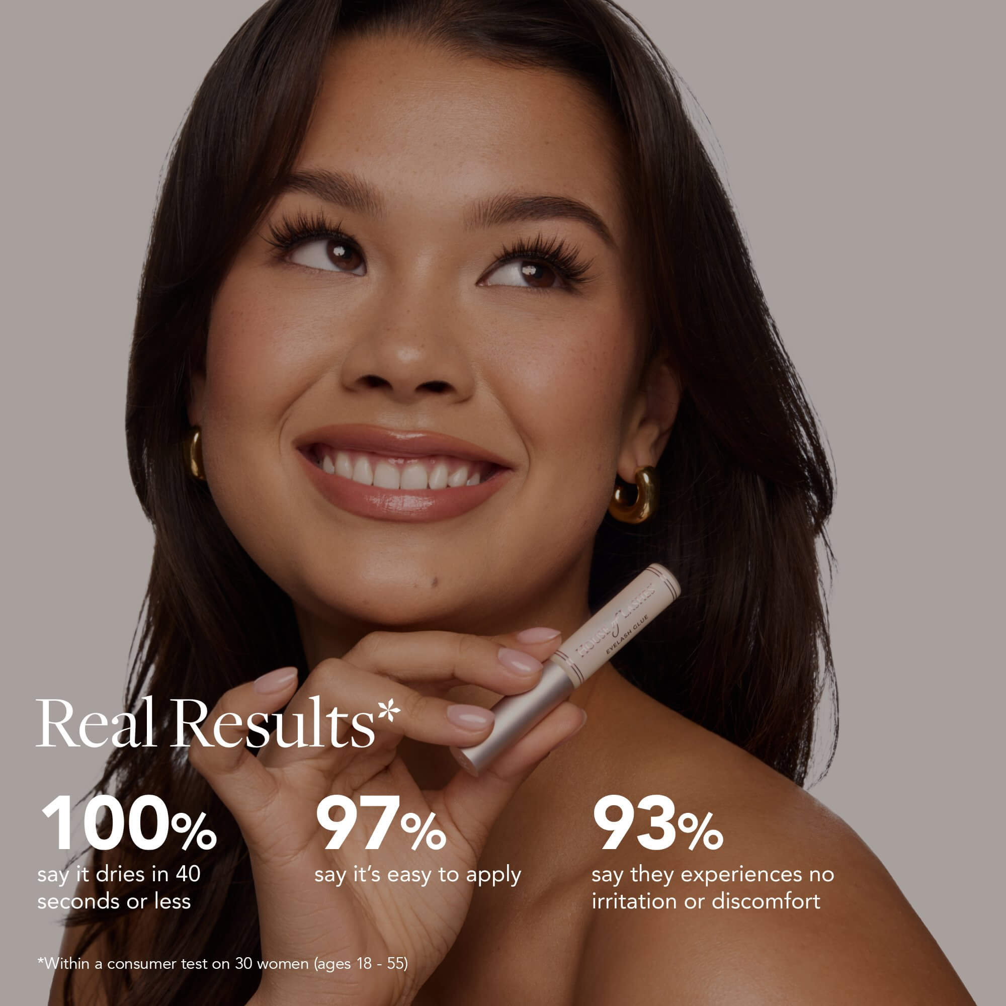 model showcasing best eyelash glue with test results