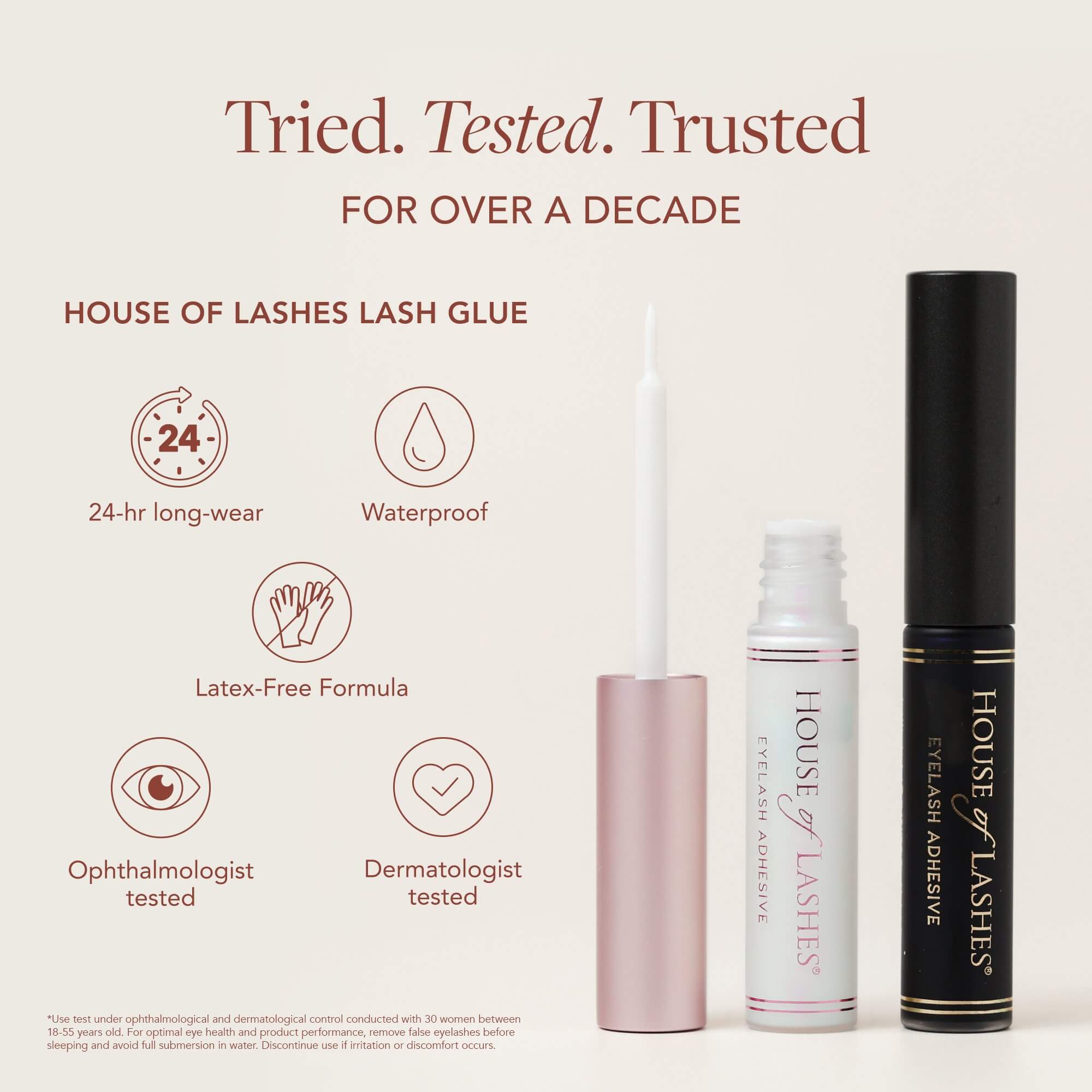 House of Lashes lash glue image with waterproof, latex-free, and 24-hour wear claims