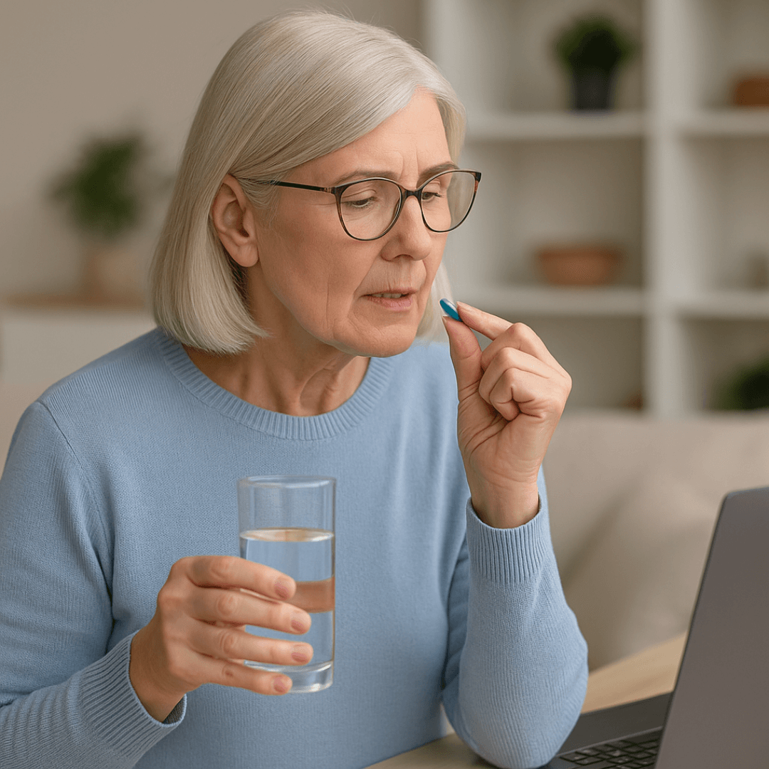 Older woman holding a tablet while deciding between senior multivitamins, representing the CertaVite Senior vs Antioxidants comparison.