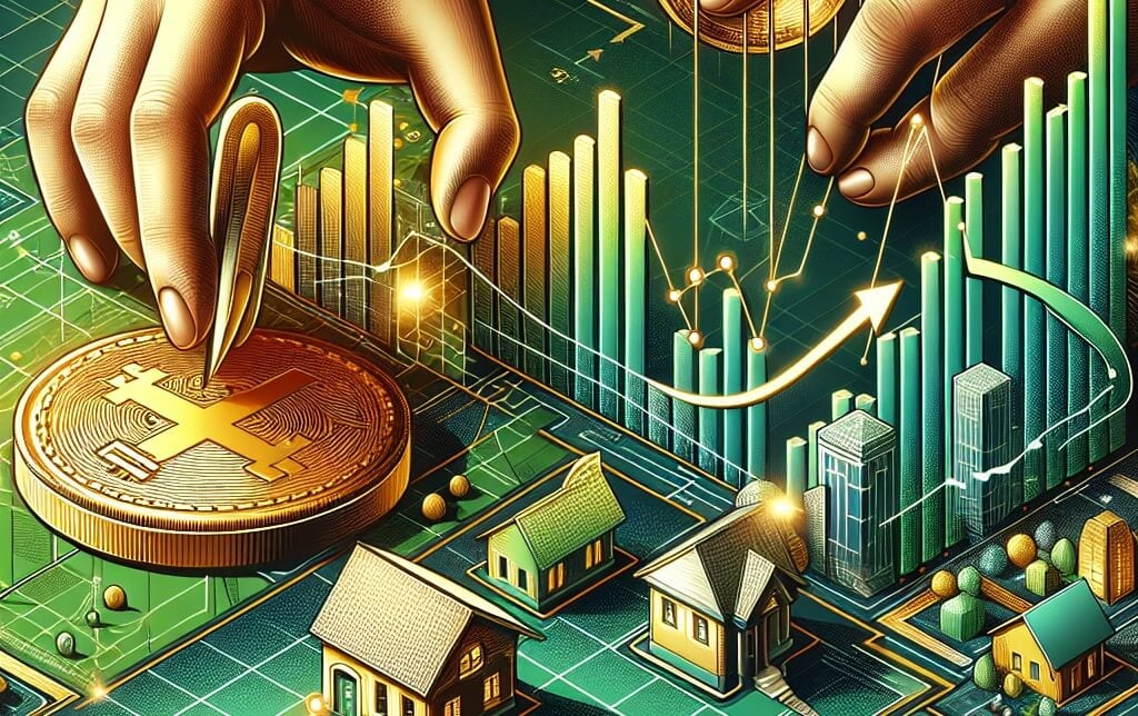 An intricate illustration depicts hands placing miniature property models on a grid-lined map, symbolizing 'fractional real estate', with a background showing a gold coin splitting into smaller pieces representing 'investments', an ascending graph denoting 'global market growth', and the words 'Smarter Way to Invest' floating amidst a palette of gold, green, and earth tones.