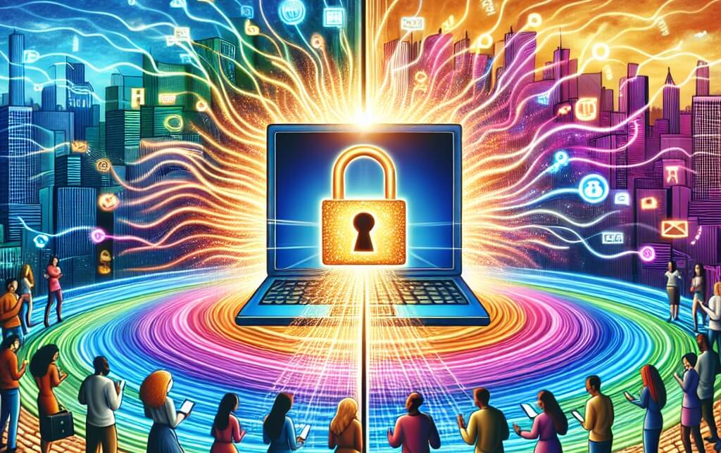 An illustration depicting the concept of 'Unlocking the Potential of Digital Real Estate for Success', featuring a glowing laptop surrounded by diverse individuals reaching towards digital symbols and keys, with a golden lock symbolizing untapped potential, set against a backdrop of a cityscape transitioning from analog to digital buildings.