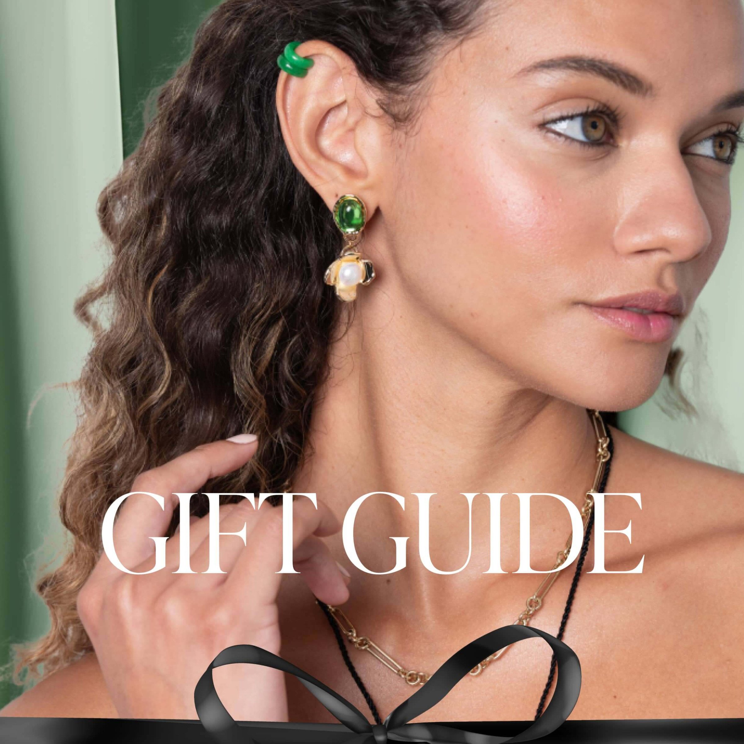 Model wearing jewelry gifts for the At Present Gift Guide