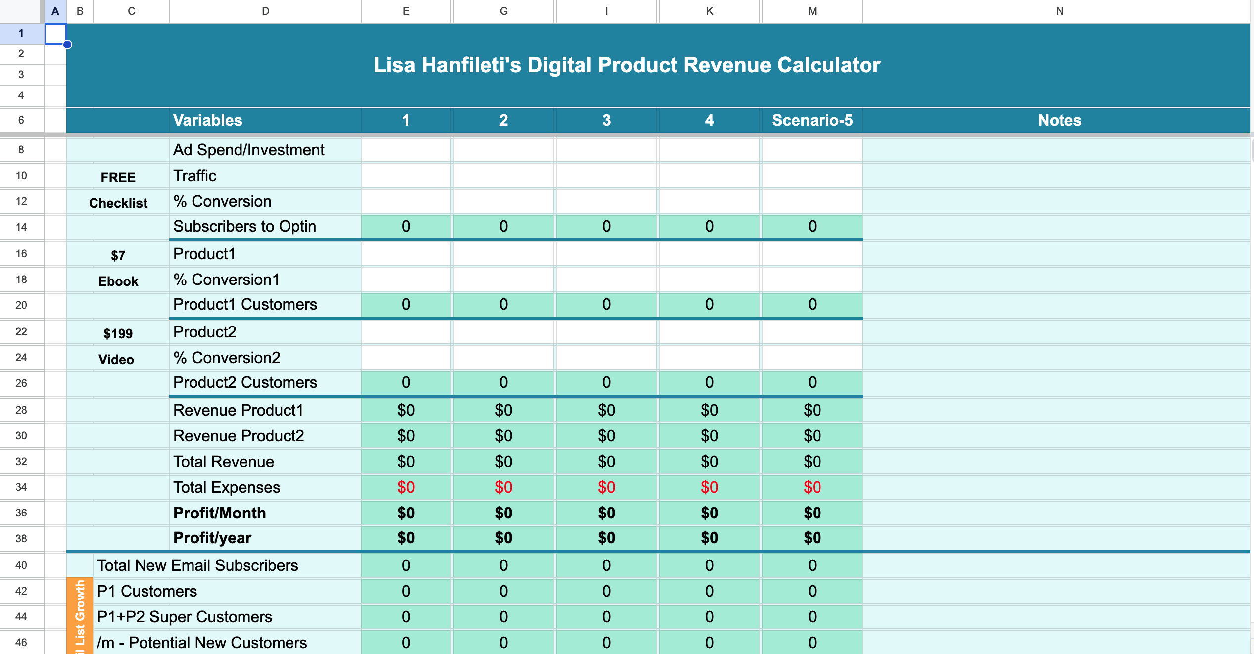 Lisa's Digital Product Revenue Calculator spreadsheet