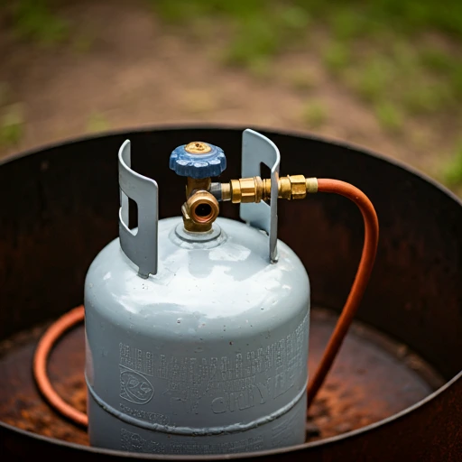 A 20-pound propane tank connected to a steel fire pit, viewed from above.