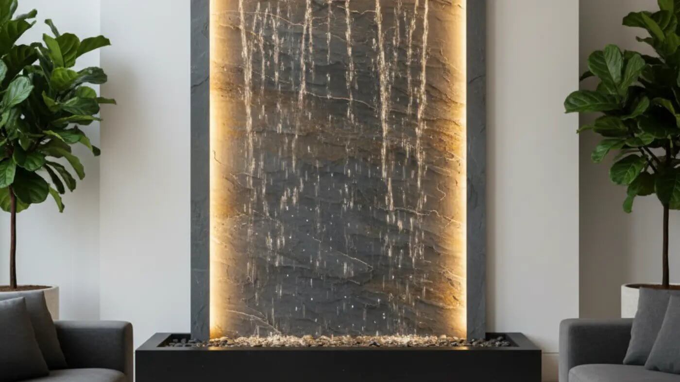 A contemporary living room features a large, rectangular indoor wall fountain as the focal point. The fountain has a dark, textured stone surface with water trickling down, framed by a warm backlighting that highlights the water flow. At its base, small stones are visible. 