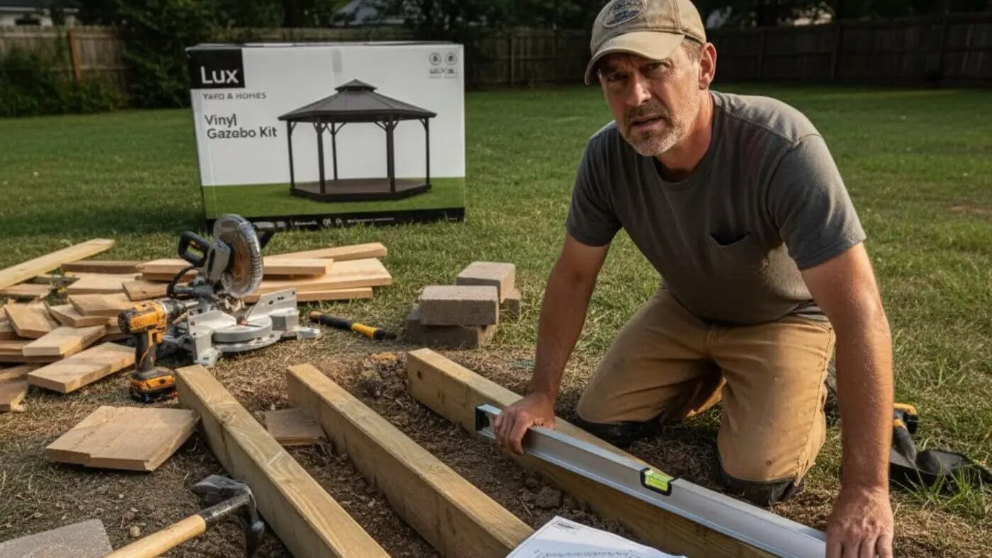 A frustrated man on his knees struggling to level a traditional wooden gazebo frame on uneven dirt, surrounded by lumber, a miter saw, and the unopened box of a Lux Yard and Homes Vinyl Gazebo Kit in the background. He holds a level against a wooden beam, highlighting the difficulty of traditional gazebo floor installation.