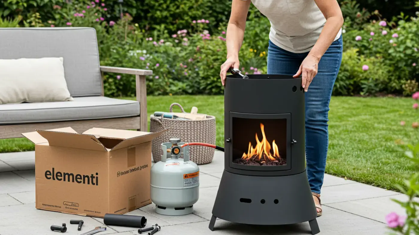 A woman assembling an Elementi propane fire pit on a patio, with the fire pit components, a propane tank, and the Elementi box visible.