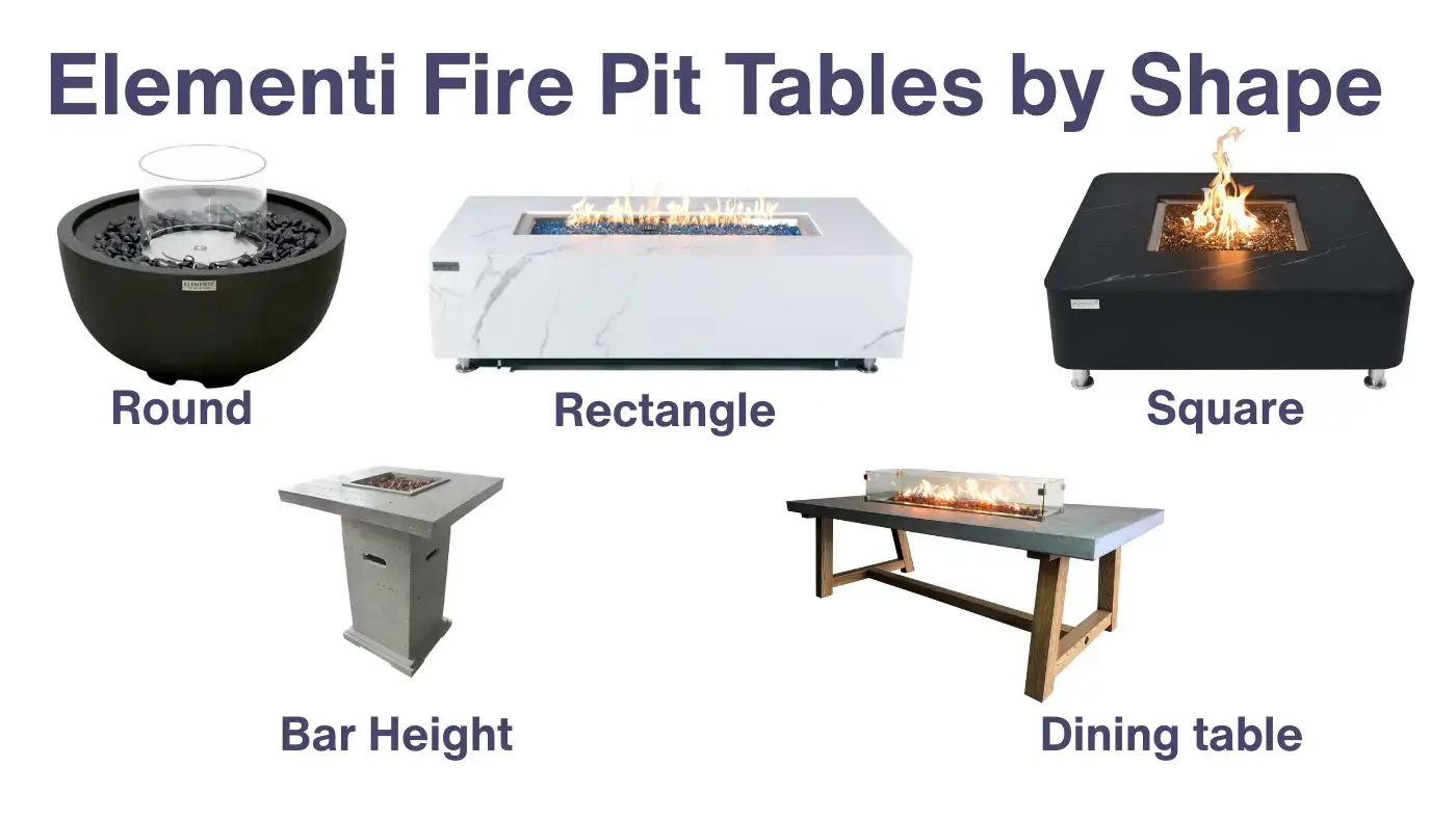 Collage of Elementi fire pit tables in various shapes: round, rectangle, square, bar height, and dining table.