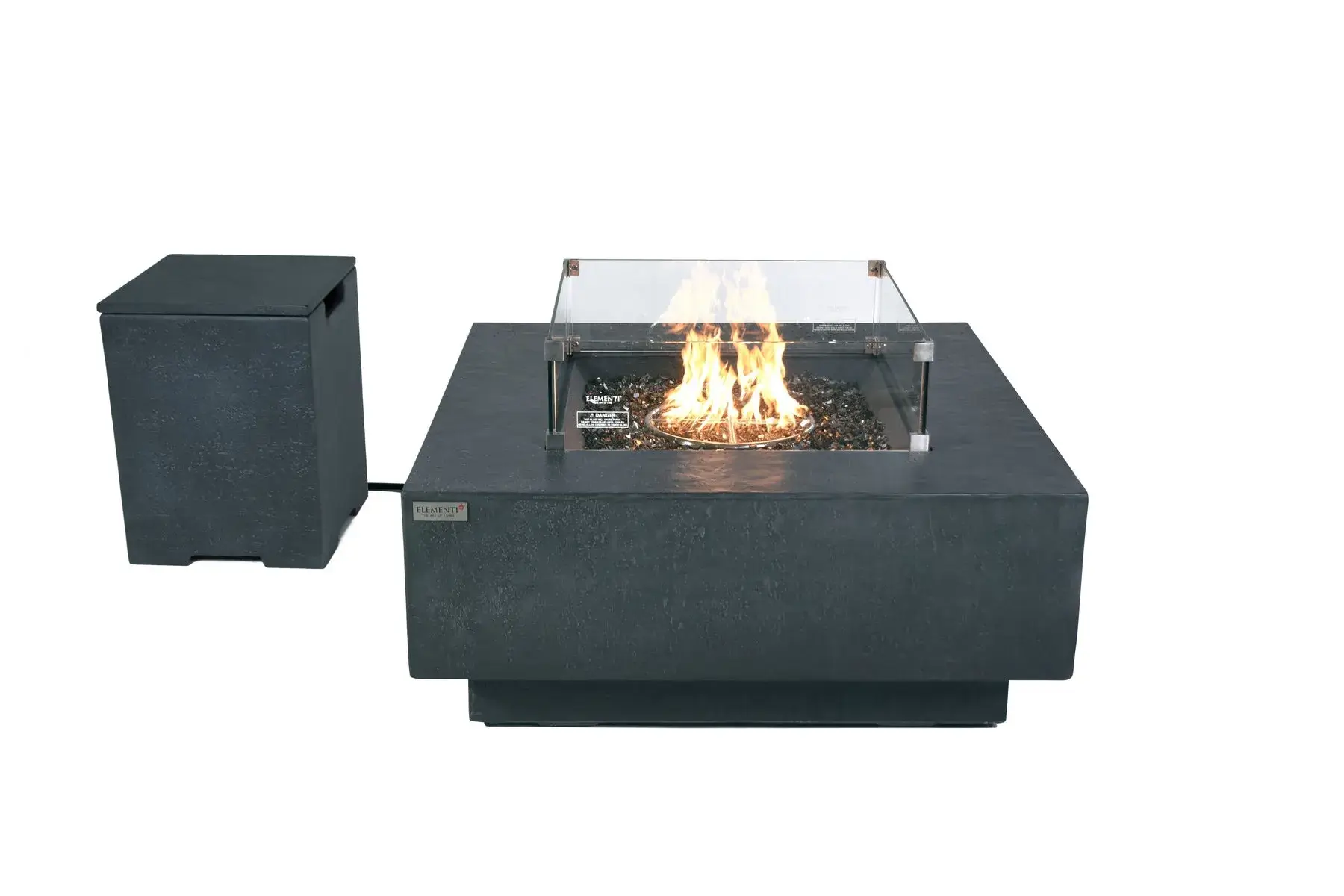 Elementi Plus Bergen Fire Table in dark grey with glass wind guard and separate tank cover on white background.