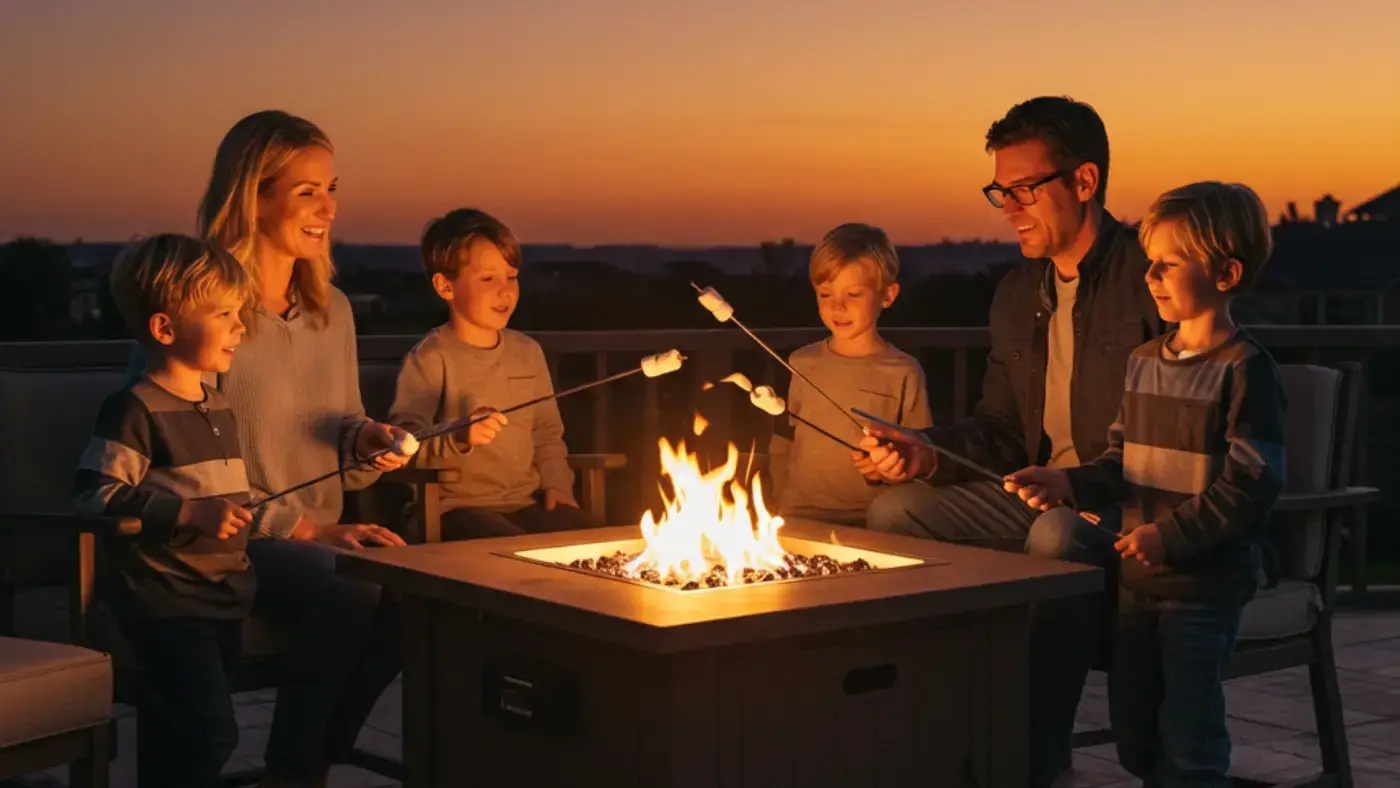 A family of six is gathered around a square gas fire pit on a patio at dusk, roasting marshmallows on long metal sticks. The propane fire pit is the centerpiece, with flames burning brightly in the center, illuminating the faces of the family members