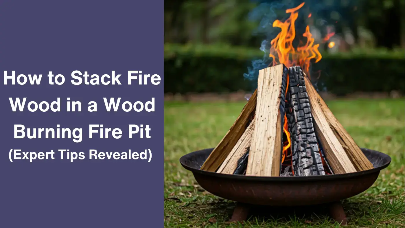 firewood stacked inside metal wood burning fire pit with wood lit on fire