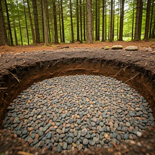 A close-up view of a fire pit hole filled with a 2-inch layer of coarse gravel. The gravel is spread evenly across the bottom of the pit, providing excellent drainage and preventing water buildup.