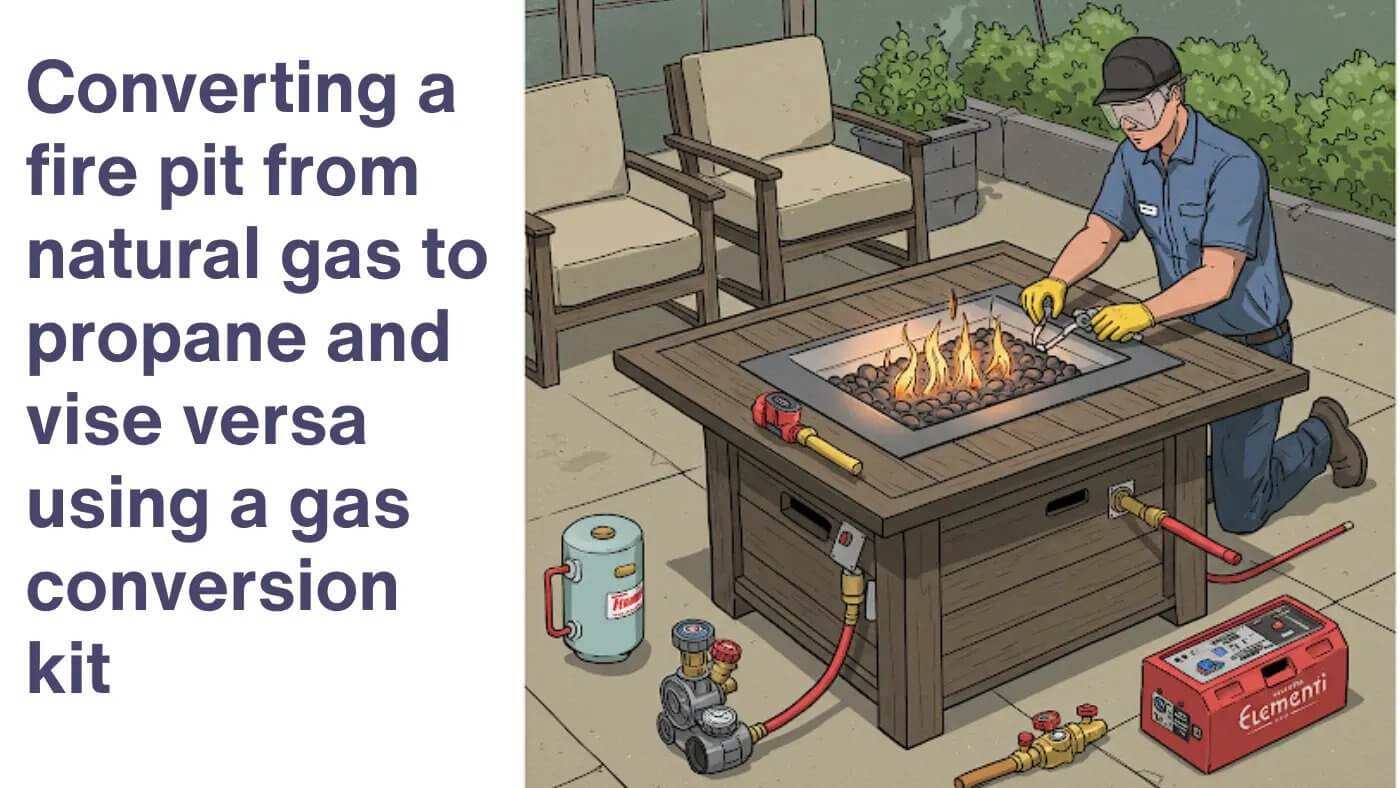 Illustration depicting the conversion of a fire pit between natural gas and propane using a conversion kit. A technician is shown working on the fire pit, with both propane tank and natural gas line components visible.