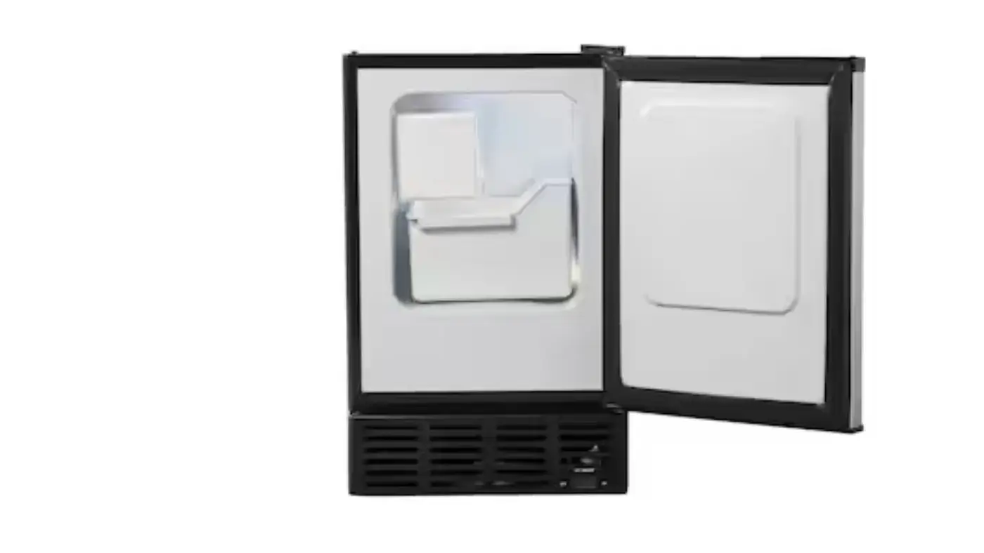 A black, under-the-counter ice maker with the door open, revealing the ice bin and a small amount of ice.