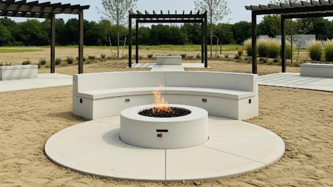 HPC fire pit surrounded by round concrete seating.