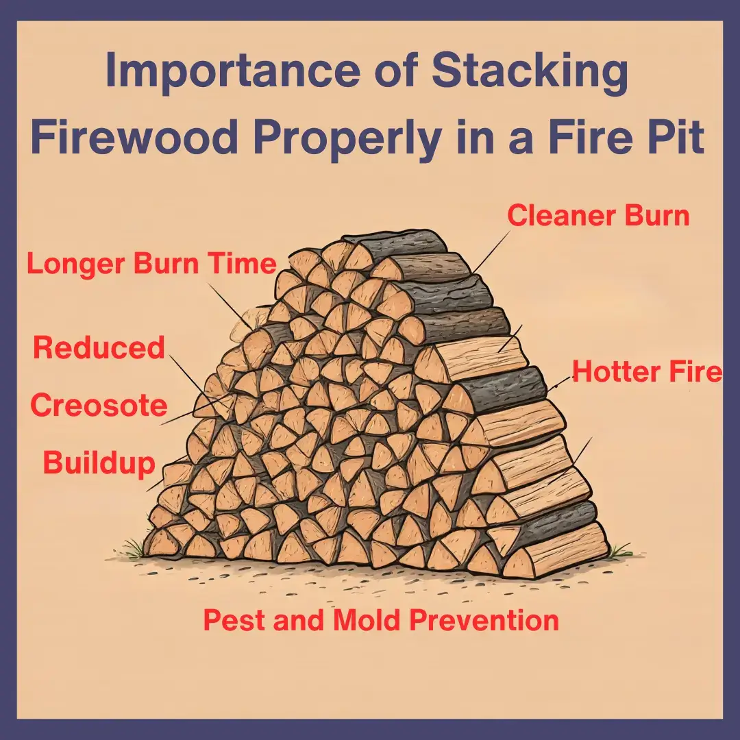 A diagram illustrating the benefits of proper firewood stacking. A neatly stacked pile of firewood is shown with labels highlighting the advantages: cleaner burn, hotter fire, longer burn time, reduced creosote buildup, and pest and mold prevention.