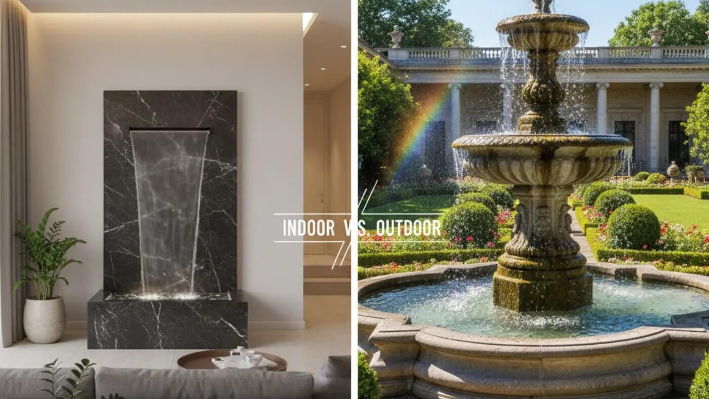 A split image comparing an indoor wall fountain and an outdoor fountain. On the left, a modern indoor living space features a sleek wall-mounted fountain with water flowing down a dark, marble-like surface, surrounded by minimalist decor and green plants. On the right, a grand, classical tiered outdoor fountain with a visible rainbow in its mist stands in a manicured garden with a large estate building in the background. The text "INDOOR VS. OUTDOOR" is overlaid in the center divide.