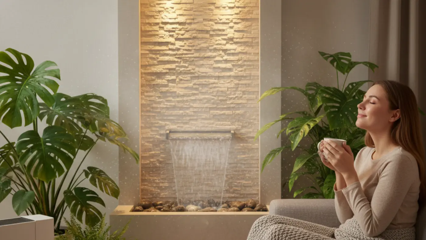 A smiling woman sits comfortably on a sofa, covered by a cozy blanket, holding a mug and enjoying the serene atmosphere of her living room. Behind her, an elegant indoor wall fountain with textured stone and soft backlighting gently cascades water into a bed of river rocks. 