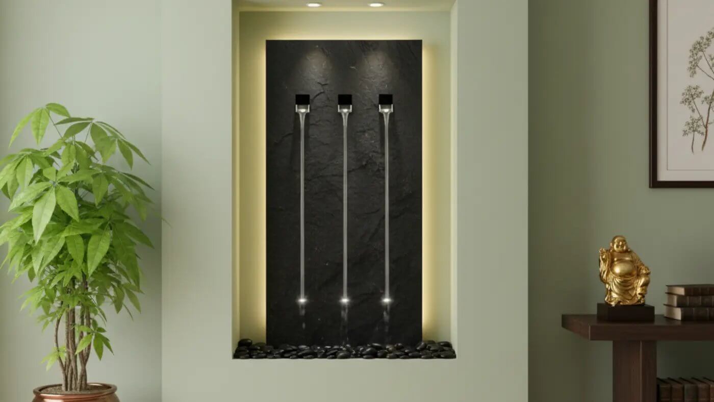A contemporary living space with light green walls features a sleek indoor wall fountain recessed into the wall. The fountain has a dark, textured stone background with three slender streams of water illuminated by subtle lighting, falling into a bed of dark pebbles. 