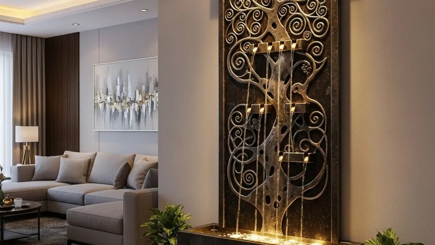 A large, dark metal indoor wall fountain featuring an intricate, ornate tree-like design with water gently cascading down multiple levels. The fountain is illuminated from below, casting a warm glow on the water and the textured wall behind it.