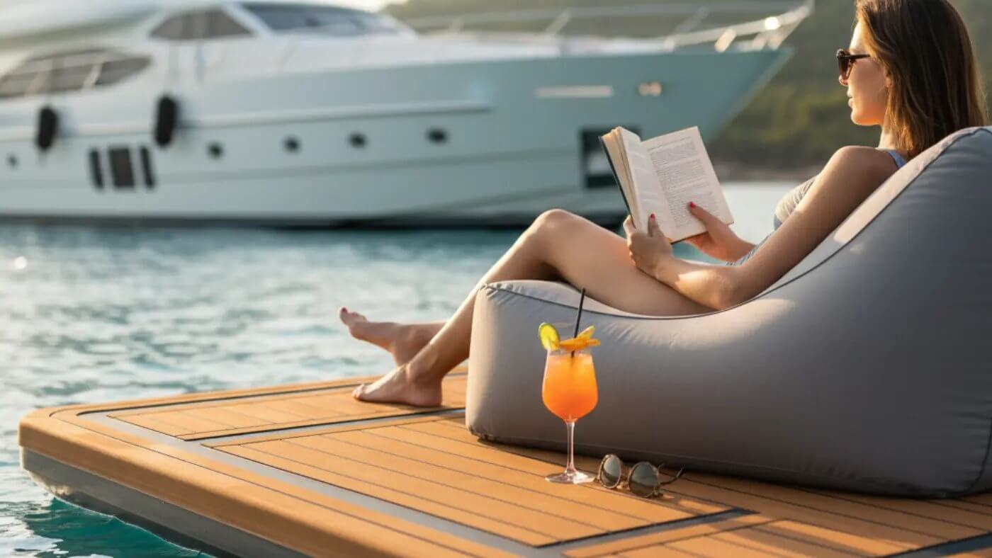 A woman in a swimsuit lounges comfortably on a grey inflatable beanbag chair on a luxurious floating dock with an EVA Teak surface. She is reading a book and has a cocktail and sunglasses beside her, with a yacht gently floating in the background, creating a serene relaxation scene on the water
