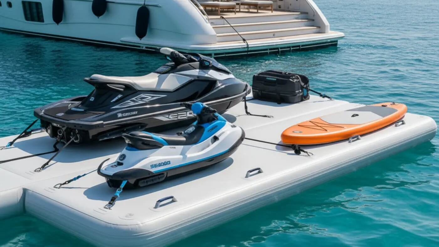 A close-up of a white inflatable yacht docking station or platform floating in clear turquoise water, securely holding a black Jet Ski, a blue Seabob, and an orange paddleboard. A luxury yacht's stern is visible in the background, showcasing freed-up deck space