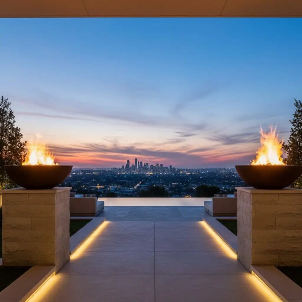 fire bowls in luxury backyard