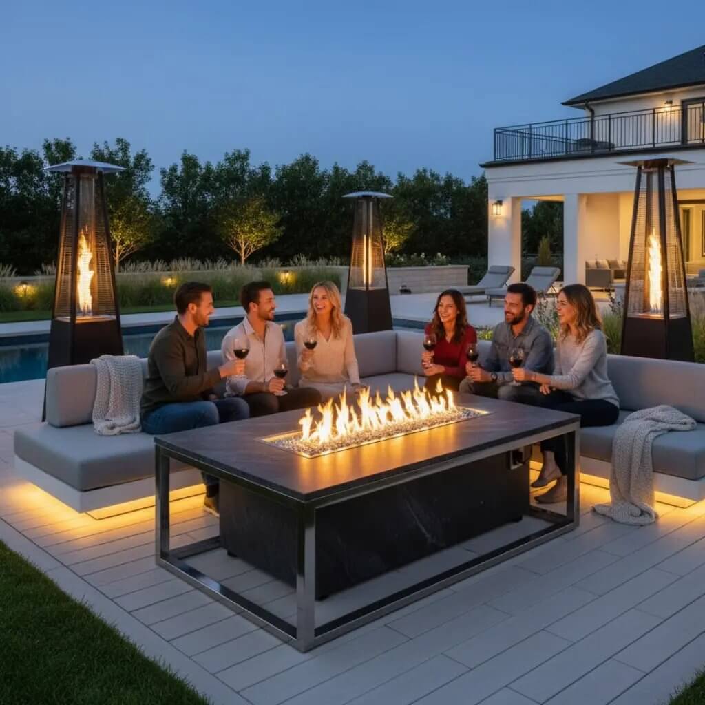 friends and family are in a beautiful backyard that has been set up using a range of luxury outdoor furniture like a rectangle fire pit table and an l shaped sectional. They are sitting around the fire pit
