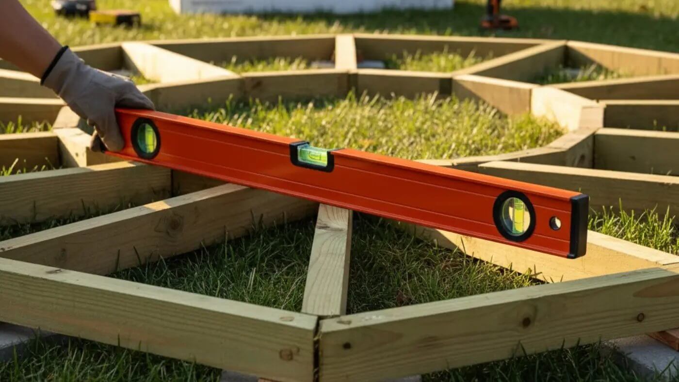 A gloved hand holds a bright orange level across pre-cut pressure-treated Southern Yellow Pine floor joists, forming an octagonal gazebo frame laid out on a grassy lawn with small leveling blocks underneath, showcasing the simplified leveling process of the Lux Yard and Homes floor kit.