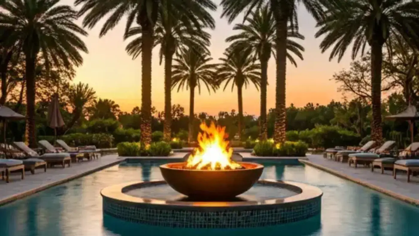 A luxurious resort pool at sunset, framed by tall palm trees. A large, round fire pit sits in the center of the pool, casting a warm glow over the water and surrounding lounge chairs. The scene evokes a sense of tranquility and relaxation.