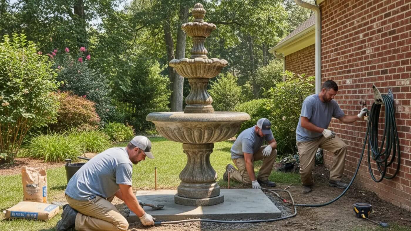 Three men are engaged in the professional installation of a large, tiered outdoor fountain in a sunny backyard. One man is kneeling to work on the concrete base, another is kneeling near the fountain's plumbing, and the third is connecting a hose to an outdoor spigot on a brick wall. Bags of cement are visible near the base of the fountain, which is surrounded by green grass and lush landscaping. 