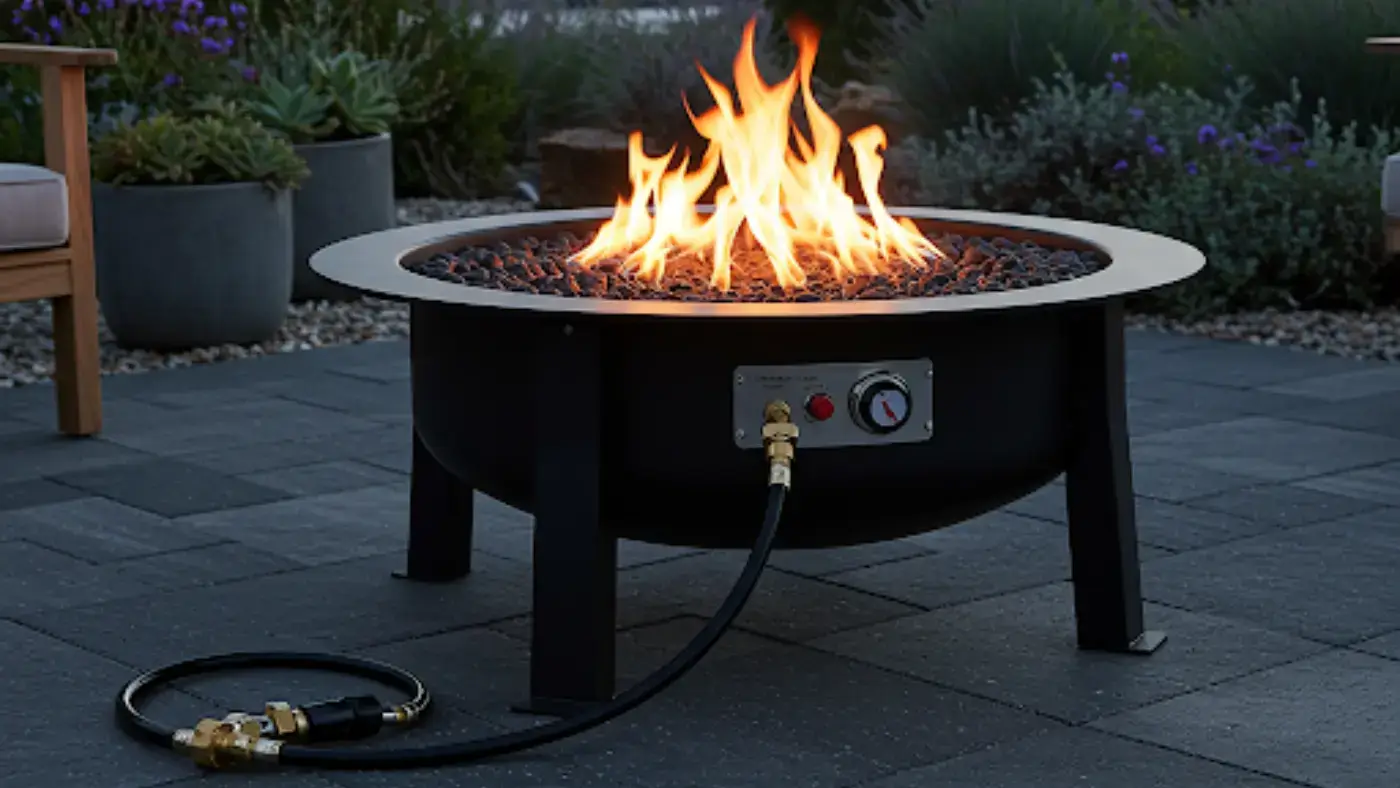 This image shows a black, circular propane fire pit on a paved patio. The fire pit has a stainless steel ring around the top edge and is filled with black lava rocks. Flames are visible in the center of the pit. A black gas line with brass fittings extends from the pit to the lower left corner of the image. The patio is made of gray pavers and there are green plants visible in the background. The image is taken at dusk, with the sky a deep blue color.
