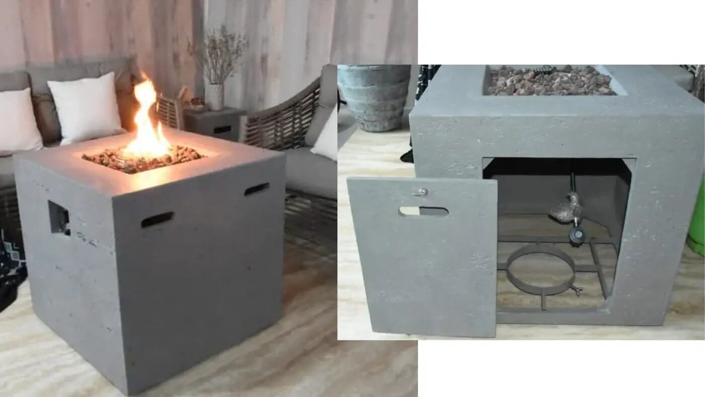 modeno grey fire pit with integrated propane tank storage