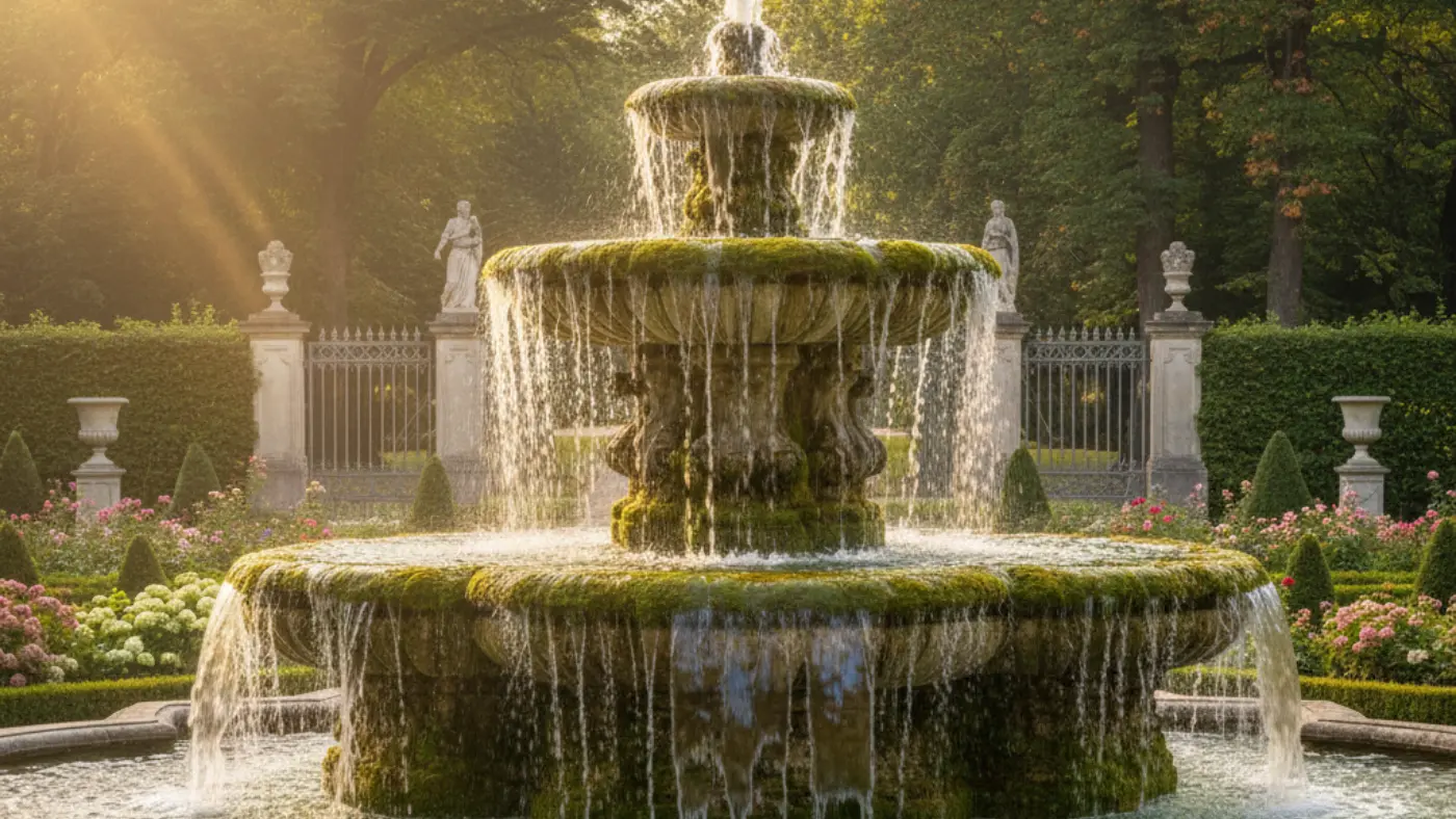 A majestic, three-tiered outdoor fountain, covered in moss and featuring water cascading from each level, stands as the centerpiece of a formal garden. The fountain is bathed in golden sunlight filtering through trees in the background. 