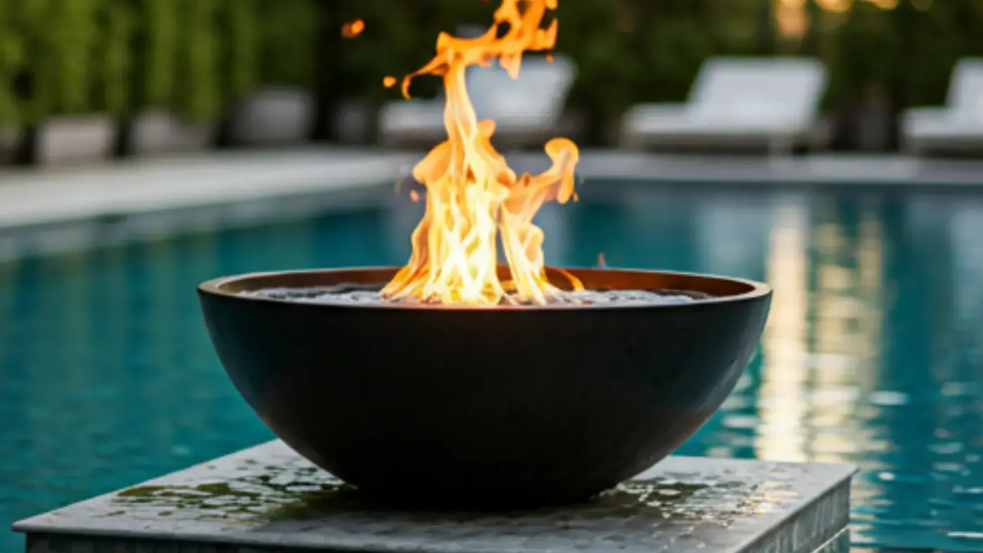 A modern, minimalist fire and water bowl sits partially submerged in a sleek, rectangular swimming pool. The bowl is made of smooth, light-colored concrete and features a central fire pit with a gentle flame. A small, cascading waterfall flows over the edge of the bowl into the pool, creating a tranquil atmosphere. The pool is surrounded by a minimalist patio with comfortable lounge chairs, perfect for relaxing and enjoying the ambiance.