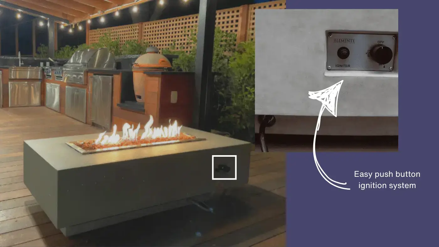 close up of push button ignition on grey outdoor fire pit table in a backyard