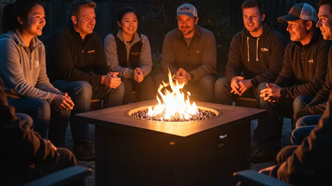 Friends enjoying a cozy evening around a propane fire pit in a backyard. The fire pit is the focal point, with a bright flame illuminating the group who are seated around it, creating a warm and inviting atmosphere.