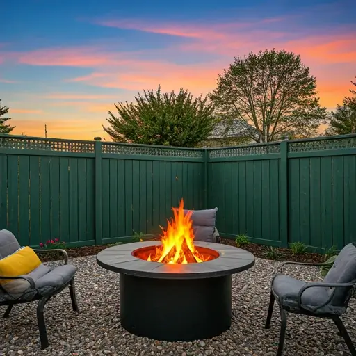 A backyard fire pit surrounded by chairs, with a tall wooden fence providing protection from the wind. The fire pit is burning brightly, creating a cozy and inviting atmosphere.