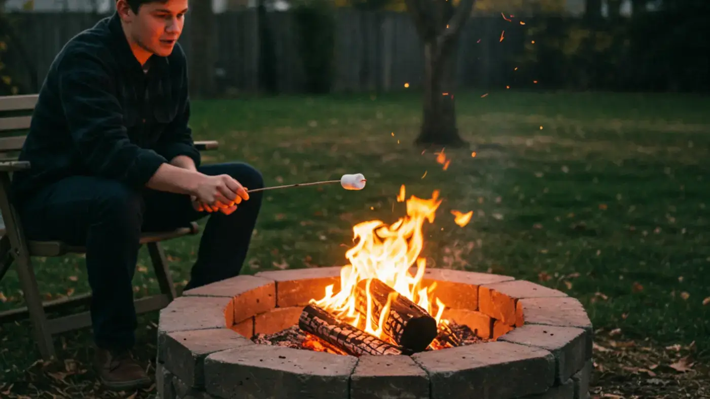 A person is sitting in a chair next to a brick propane fire pit. The person is wearing a dark shirt and jeans. They are holding a long metal stick with a marshmallow on the end of it. The marshmallow is starting to turn golden brown. The fire pit is filled with burning logs. The person is looking at the marshmallow intently.