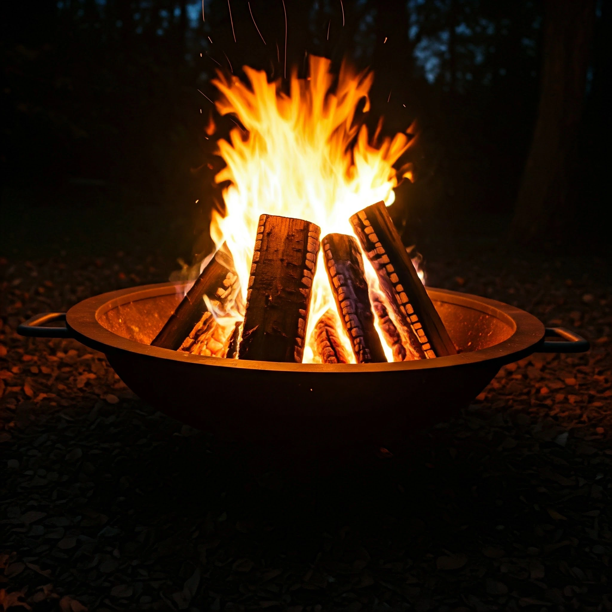 A large outdoor fire pit with a roaring fire. The flames are dancing and casting a warm glow on the surrounding area.