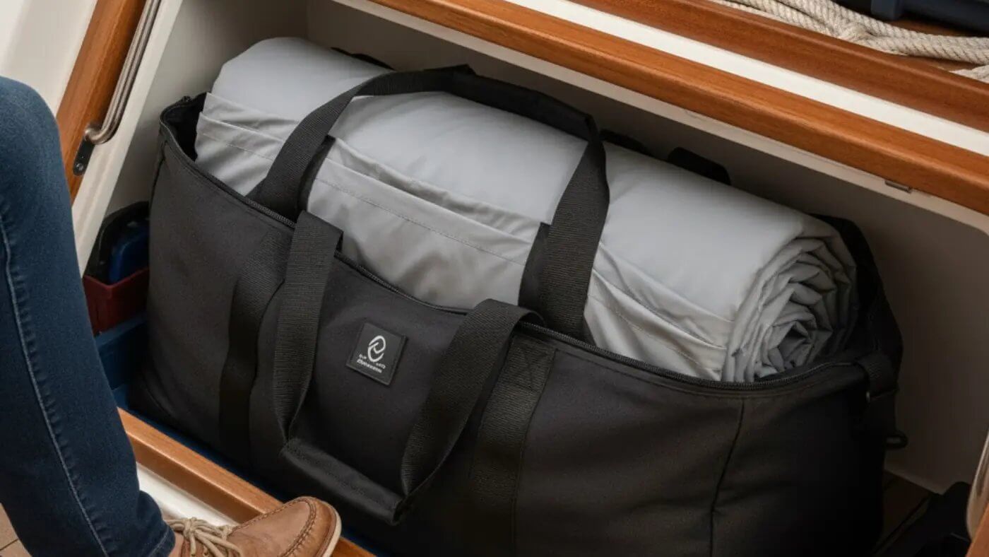 A large, black branded duffel bag containing a neatly rolled-up grey inflatable boat platform or mat, stowed compactly in a wooden boat locker. A person's leg and shoe are visible, demonstrating the ease of storage on a yacht s