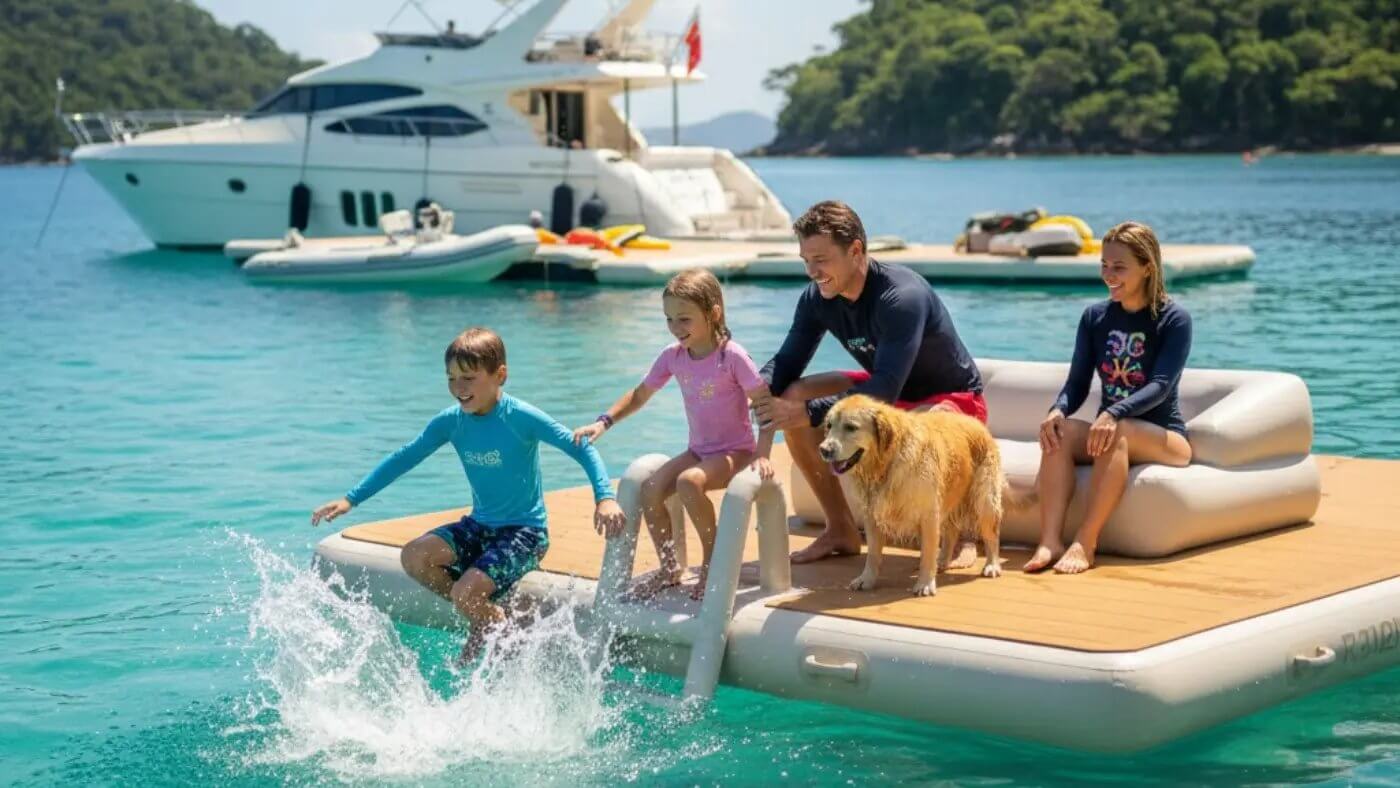 A happy family, including two children, a man, a woman, and a golden retriever dog, enjoying a sunny day on a floating inflatable yacht platform with a ladder. One child is splashing into the clear turquoise water, while the others relax. A luxury yacht is anchored in the background, surrounded by lush green islands.